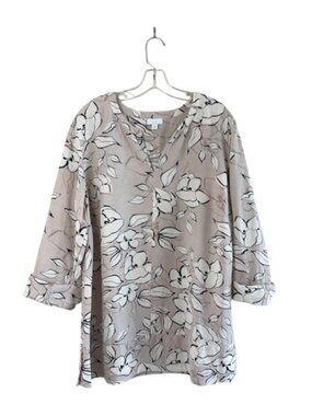 J. Jill Linen Blend Floral V-Neck Tunic Top, XL, Taupe Coastal Artsy